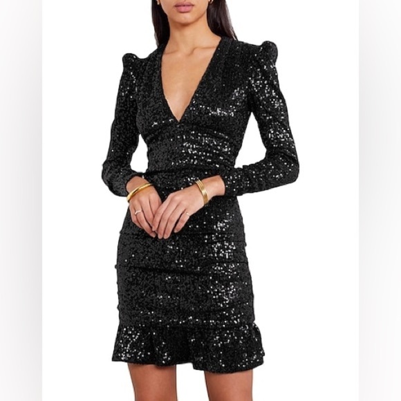 NWT Rebecca Vallance Mona Sequin Ruched Frill Mini Dress Black Sparkle Sz 2 - Picture 1 of 13